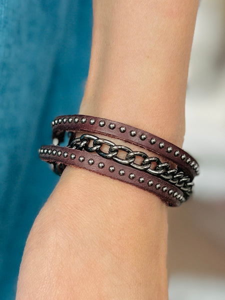 Stallone Bracelet : Handmade Genuine Leather Bracelet With Chain Accents