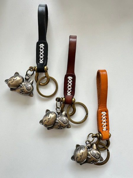 Handmade Genuine Leather With Cat Charm Keyring; Goodluck