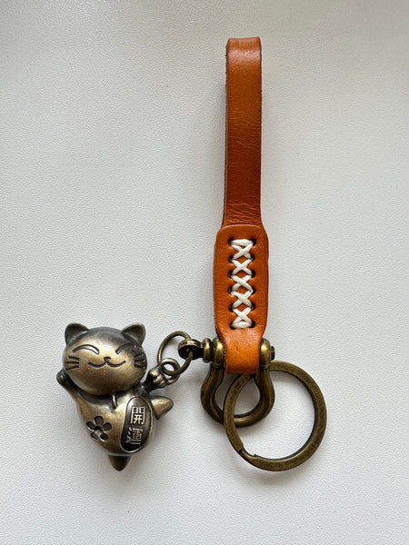 Handmade Genuine Leather With Cat Charm Keyring; Goodluck