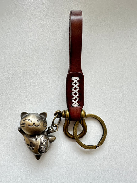 Handmade Genuine Leather With Cat Charm Keyring; Goodluck