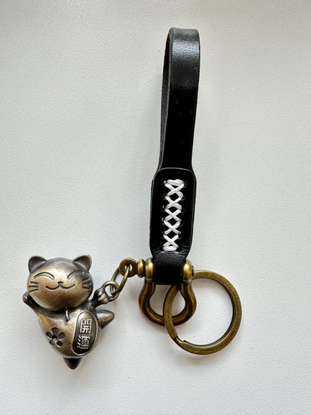 Handmade Genuine Leather With Cat Charm Keyring; Goodluck