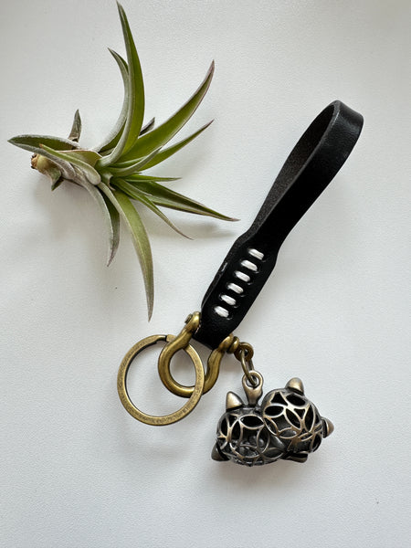 Handmade Genuine Leather With Cat Charm Keyring; Goodluck