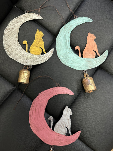 Hand Painted Cat on the Moon with Rustic Bell : Recycle Metal Mobile Wind Chime