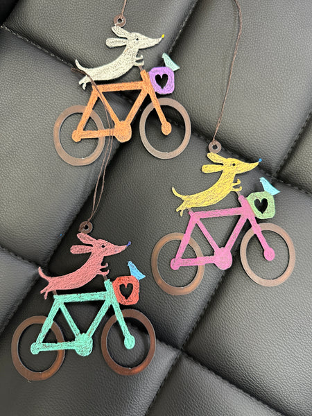 Hand Painted Whimsical Hanging Metal Dog and Bird on Bike