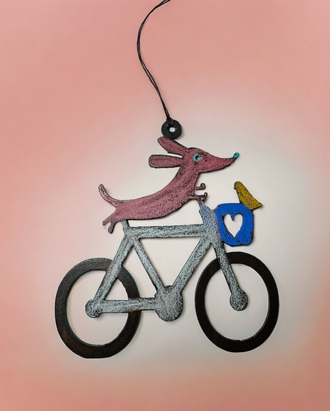 Hand Painted Whimsical Hanging Metal Dog and Bird on Bike