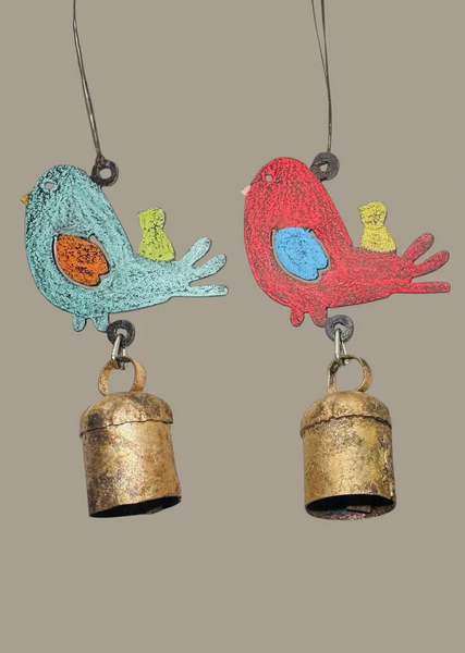 Hand Painted Whimsical Hanging Metal Mama Bird with Baby Bird W/ Large Bell