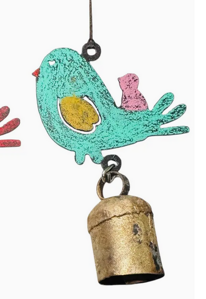 Hand Painted Whimsical Hanging Metal Mama Bird with Baby Bird W/ Large Bell