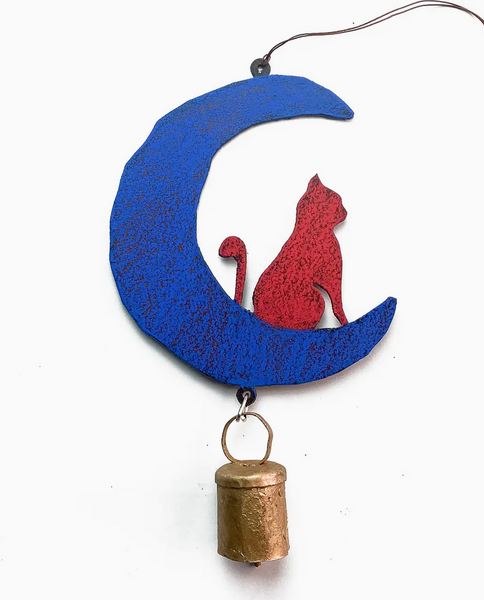 Hand Painted Cat on the Moon with Rustic Bell : Recycle Metal Mobile Wind Chime