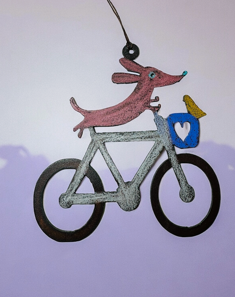 Hand Painted Whimsical Hanging Metal Dog and Bird on Bike