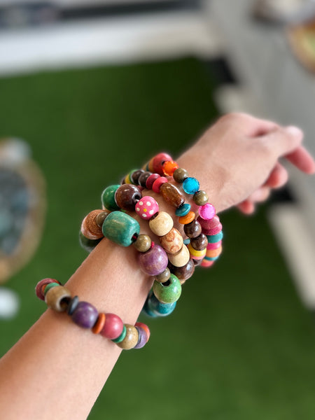 Handcrafted Colorful Wood Mixed Beaded Stretch Bracelet