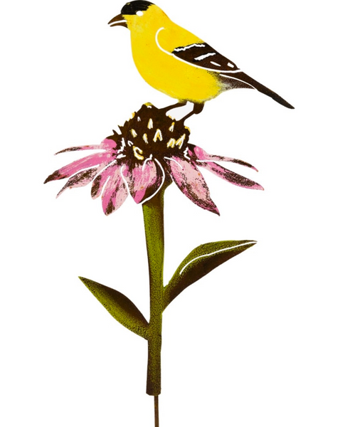 Hand Painted Finch On Flower Garden Stake