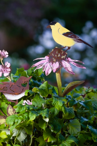Hand Painted Finch On Flower Garden Stake
