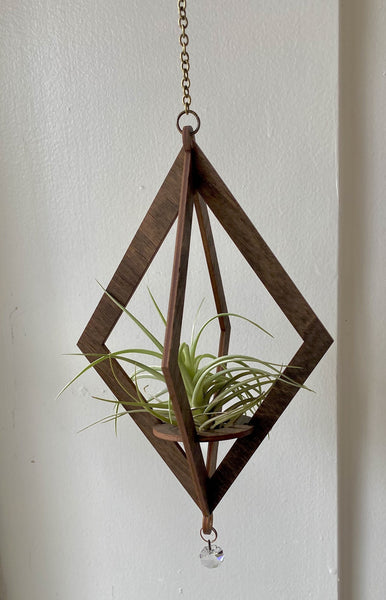 Handmade Large Diamond Cut Holder with Air Plant accents with Antique Crystal