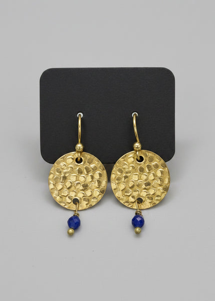 Hand Hammered Disc Charm With Faceted Stone Drop Earrings