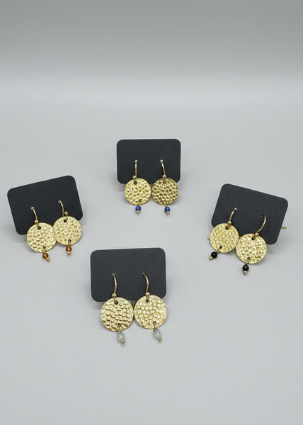 Hand Hammered Disc Charm With Faceted Stone Drop Earrings