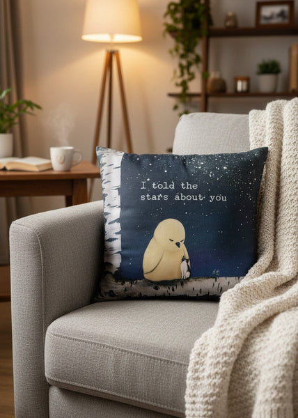 Decorative pillow with a celestial bird and cat and text I Told stars about you.