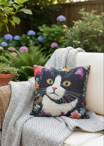 Faux Embroidered cat face pillow with floral patterns on a white surface.