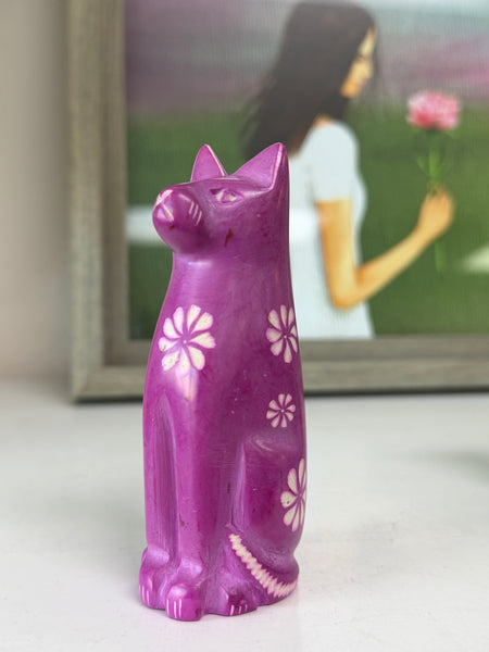 Handmade Soapstone Sitting Cat Paperweight/Hand Carved Miniature Figurines/Sculptures