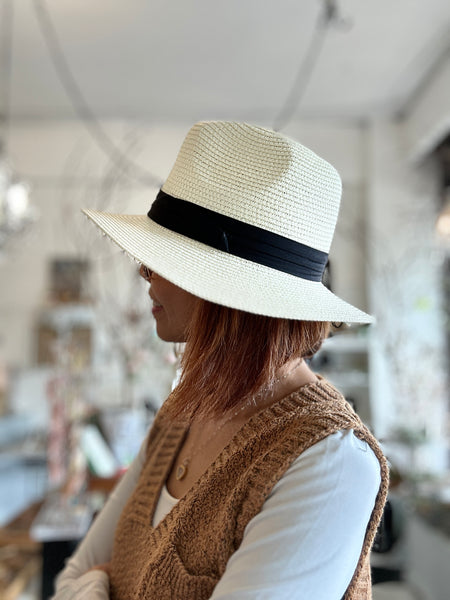 White Packable Fedora With Black Ribbon Accents Sun Hat: Ada Hat