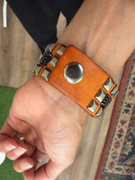 Handmade Genuine Leather Stud Metal Bracelet: Ollie Bracelet