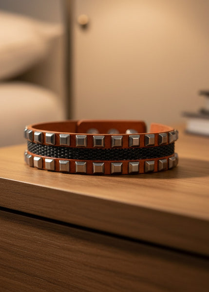 Handmade Genuine Leather Stud Metal Bracelet: Ollie Bracelet