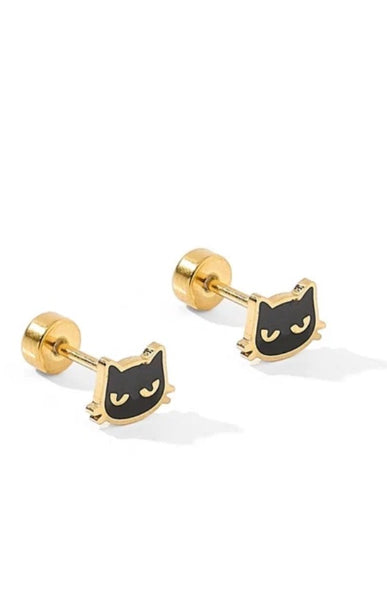 Black Cat Screwback Stud Earrings