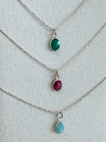 Dainty Semi Precious Charm on Faceted 925 Sterling Silver Necklace