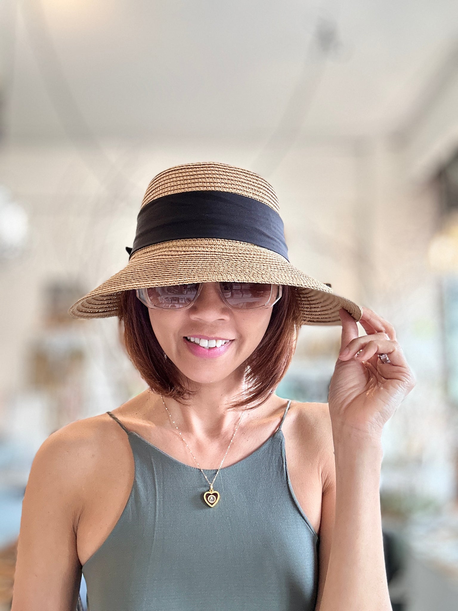 Fashion Straw Sun Hat with Black Ribbon Accents : Lora Hat