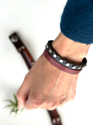 Handmade Genuine Double Strands Leather Bracelet With Metal Studs Accents