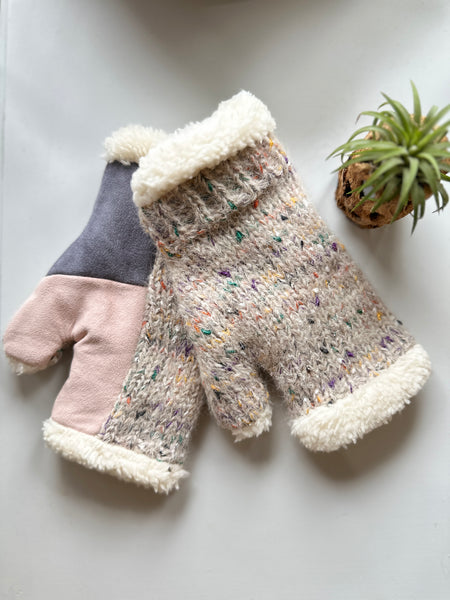 Winter Fingerless Knit Mitten With Faux Suded Colorblock Detail