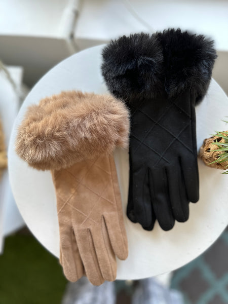 Women's Vegan Suede With Fluffy Faux Fur Trim Touch Smart Gloves