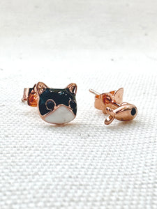 Mismatched Tuxedo Cat & Fish Rose Gold Stud Earrings