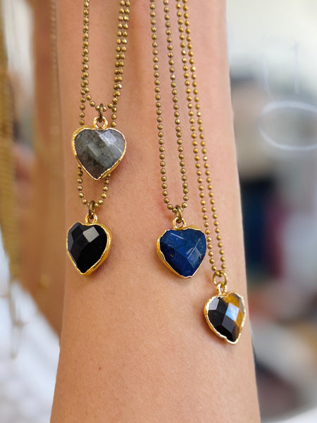 Handmade Faceted Cut Stone Heart Drop On Long Ball Chain Necklace