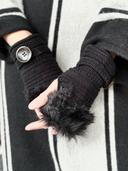 Knitted Hand Warmer With Faux Fur Trim and Button Accents
