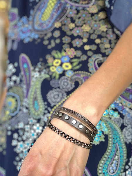 Handmade Genuine Leather Studs Bracelet With Chain Accents