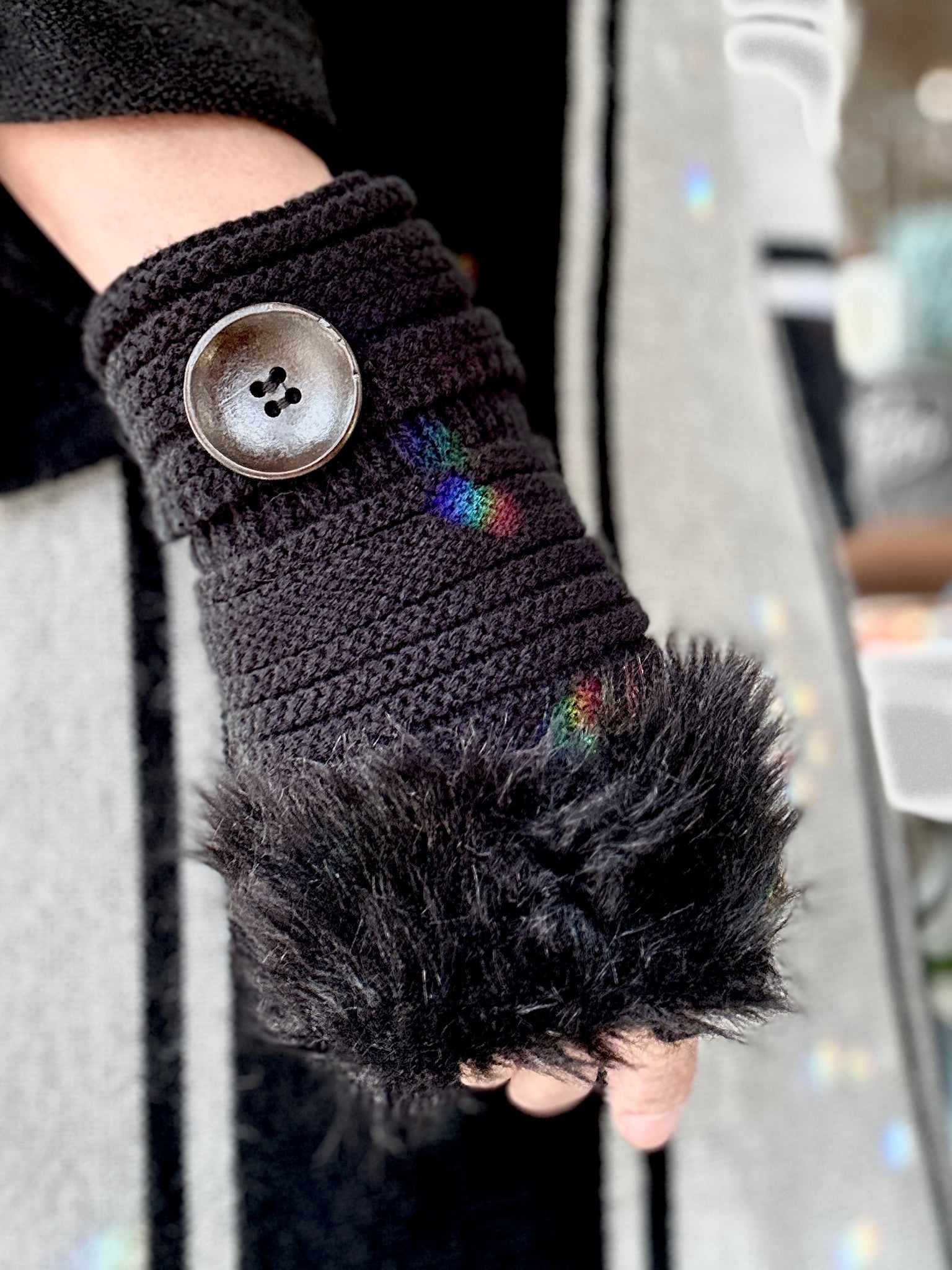 Knitted Hand Warmer With Faux Fur Trim and Button Accents