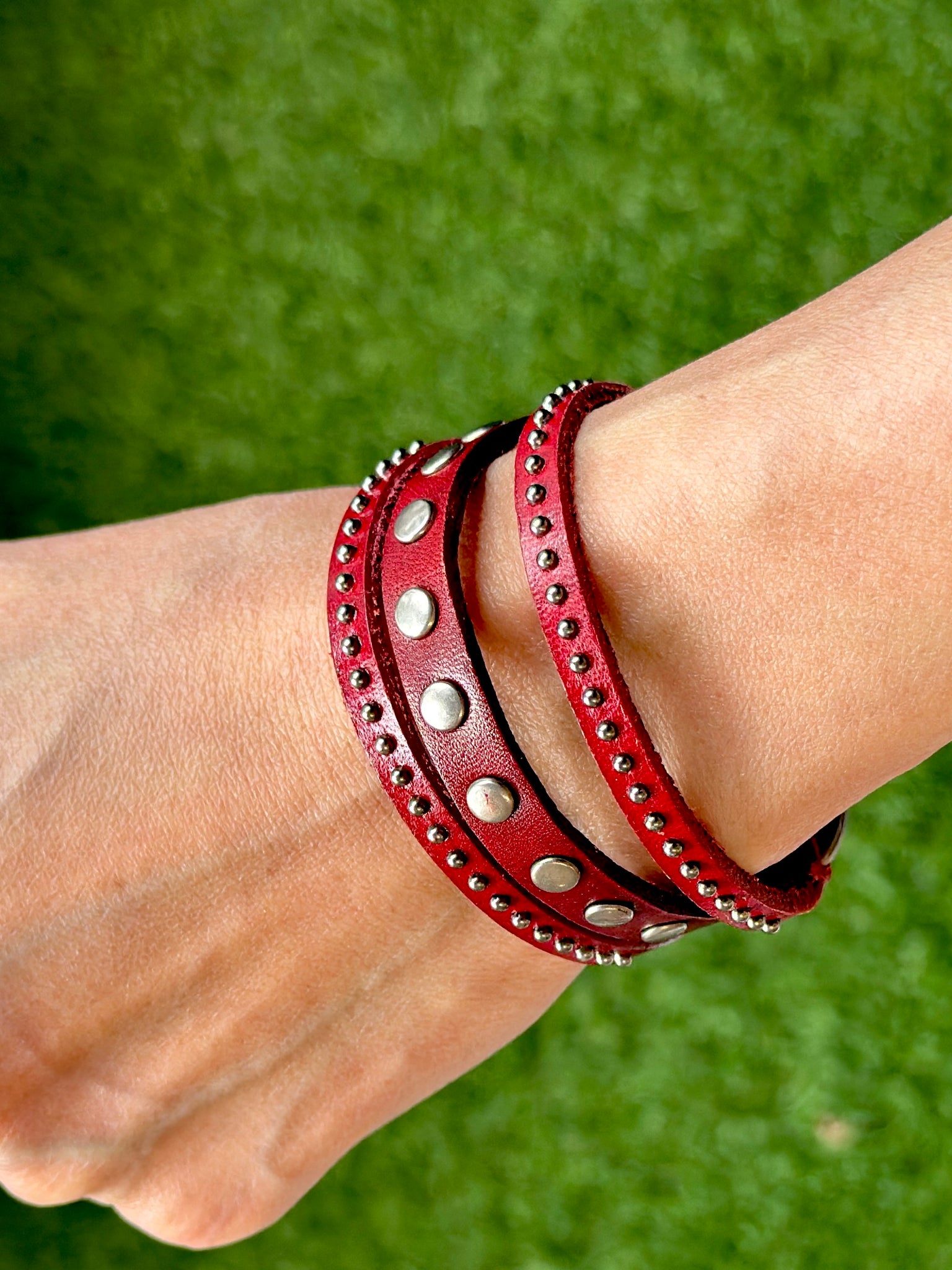 Handmade Genuine Triple Strands Leather Bracelet With Metal Studs Accents
