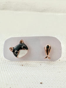 Mismatched Tuxedo Cat & Fish Rose Gold Stud Earrings