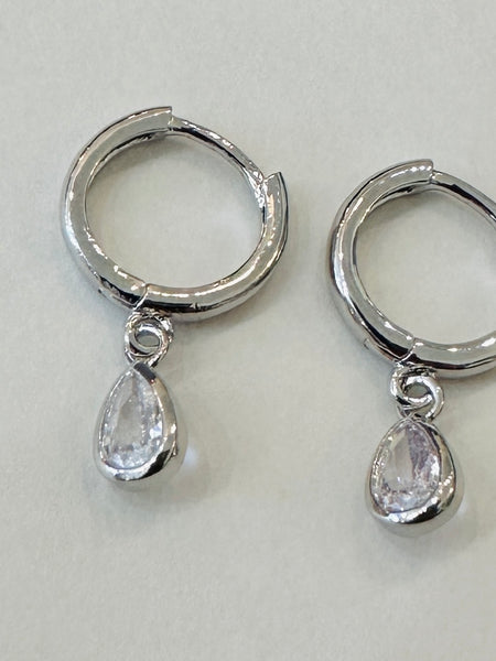 Crystal Teardrop on Silver Hug Hoop Earrings