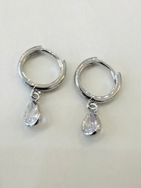 Crystal Teardrop on Silver Hug Hoop Earrings