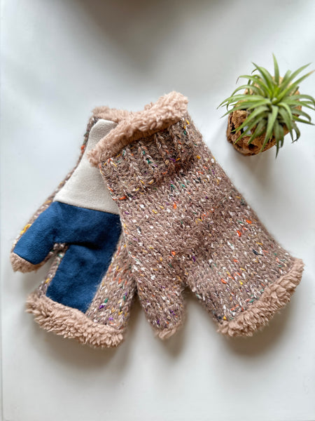 Winter Fingerless Knit Mitten With Faux Suded Colorblock Detail