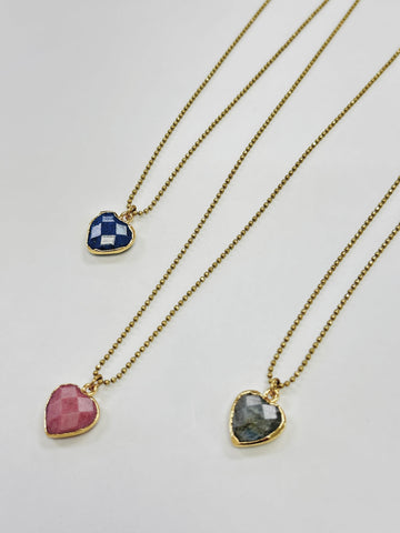 Handmade Faceted Cut Stone Heart On Long Ball Chain Necklace