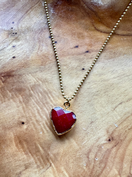 Handmade Red Ruby Heart Drop On Long Ball Chain Necklace