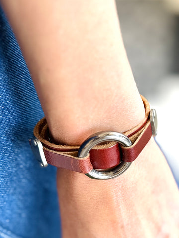 Handmade Genuine Leather Bracelet With Ring Accents