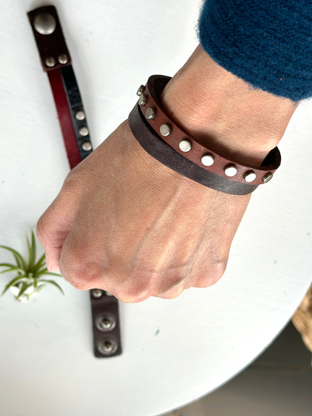 Handmade Genuine Double Strands Leather Bracelet With Metal Studs Accents