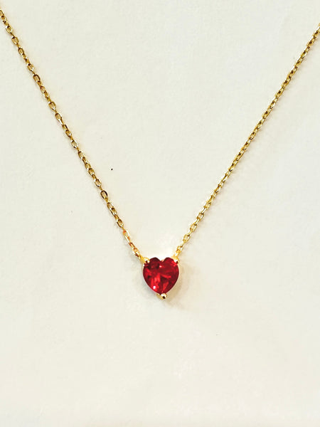 Dainty Red Crystal Heart Gold Necklace