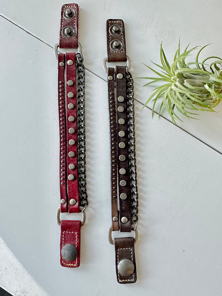 Handmade Genuine Leather Studs Bracelet With Chain Accents
