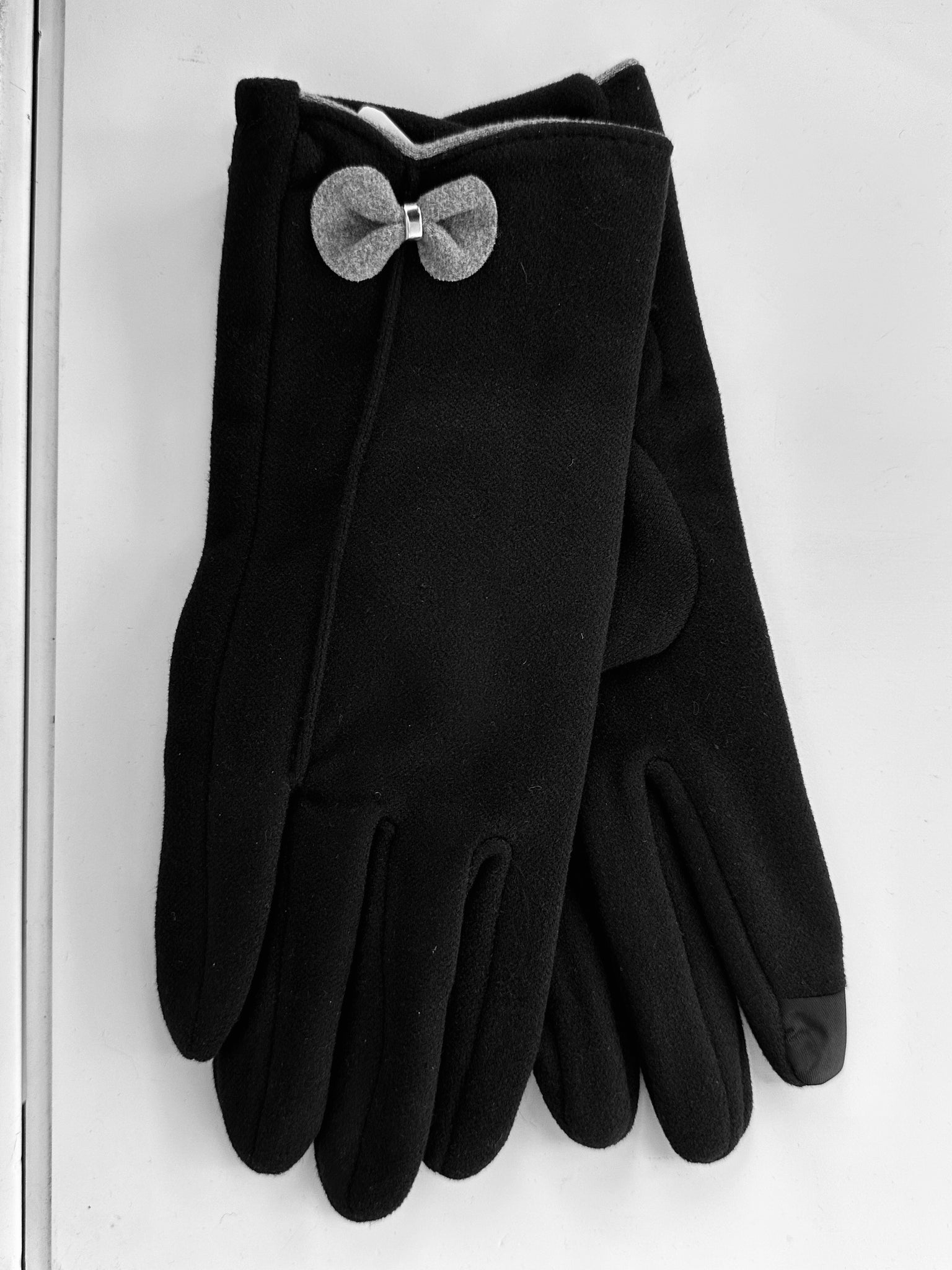 Jane Beautiful Black Texting Gloves with Grey Bow Accents
