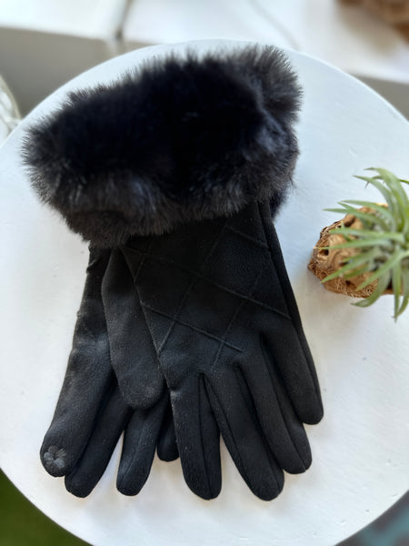 Women's Vegan Suede With Fluffy Faux Fur Trim Touch Smart Gloves