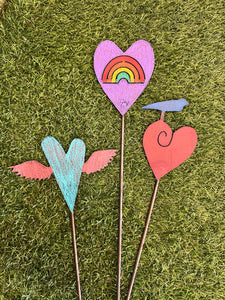 Hand Painted Whimsical Assorted Heart Plant Stake Garden Metal Art